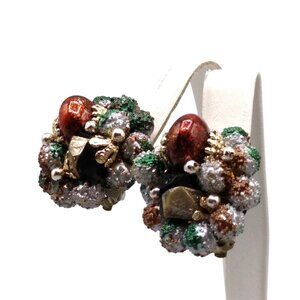 Sugar Bead Autumn Earrings, Vintage Clip Ons Marked Japan, Fall Colors